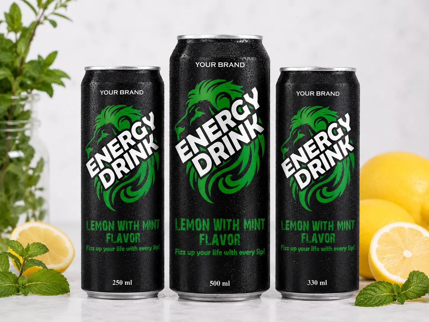 ENERGY DRINK Lemon with Mint Flavor 250ml, 500ml and 330ml cans.